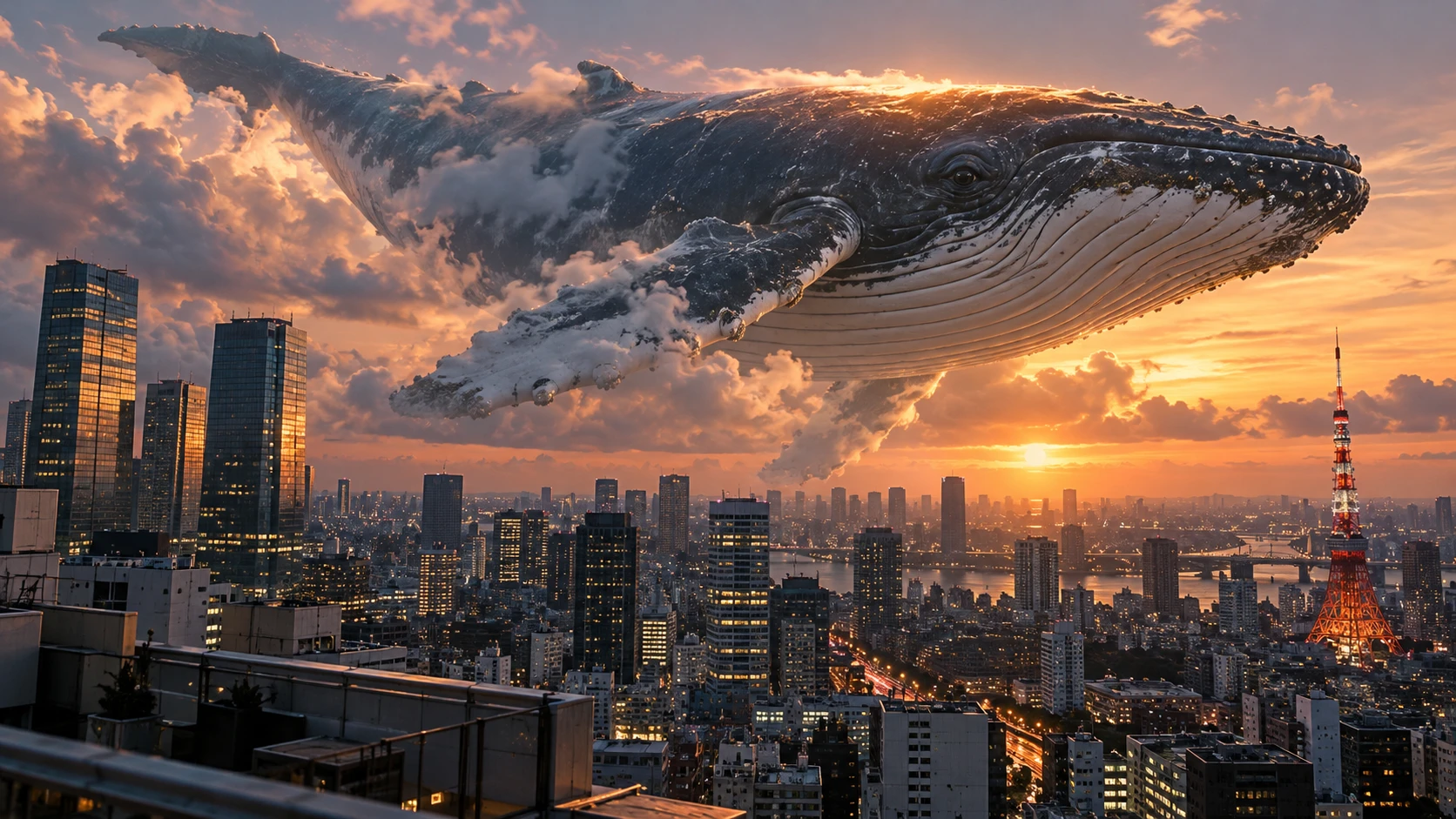 夕焼けの東京を泳ぐ巨大なクジラ
