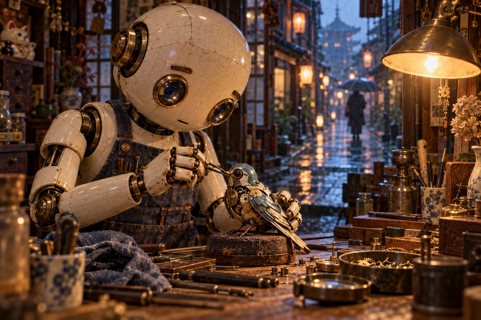 雨の路地の陶器ロボット修理屋